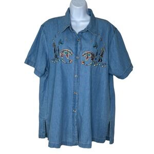 Vintage Passion Denim Shirt Large Blue Kokopelli Bear Southwestern Embroidered